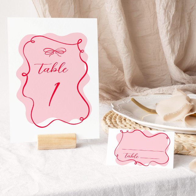 Numéro De Table Mariage de cadre ondulé rose et rouge rétro (Créateur téléchargé)
