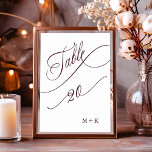 Numéro De Table Mariage de calligraphie de luxe de Bourgogne numér<br><div class="desc">Tableau 20. Veuillez vérifier tous les numéros disponibles. | Luxe et élégante calligraphie tourbillonnant numéro de table mariage avec vos initiales. Pour une personnalisation plus avancée de cette conception,  cliquez sur le BOUTON OUTIL DESIGN BLEU ci-dessus !</div>