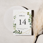 Numéro De Table Mariage de calligraphie verte tropicale de l'or gé<br><div class="desc">Ce numéro de table de mariage de calligraphie verte et géométrique en or tropical est parfait pour un mariage moderne. Le design présente de beaux feuilles verts peints à la main, ornant un cadre géométrique doré. Il s'agit d'un numéro de table recto-verso. Ajoutez chaque numéro de table dont vous avez...</div>