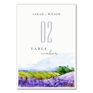 Numéro De Table Mariage de champs de Lavande d'aquarelle rustique