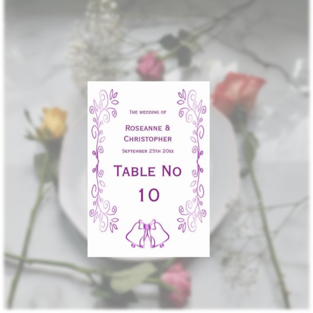 Numéro De Table Mariage de conception de défilement de cloches vio (Purple wedding table number card bells and scrollwork design)