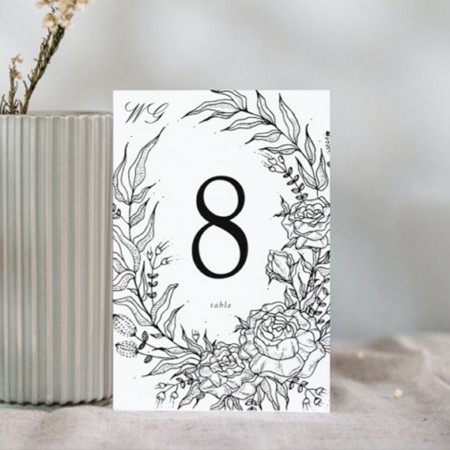 Numéro De Table Mariage de couronne blanc à fleurs noires modifiab (Créateur téléchargé)