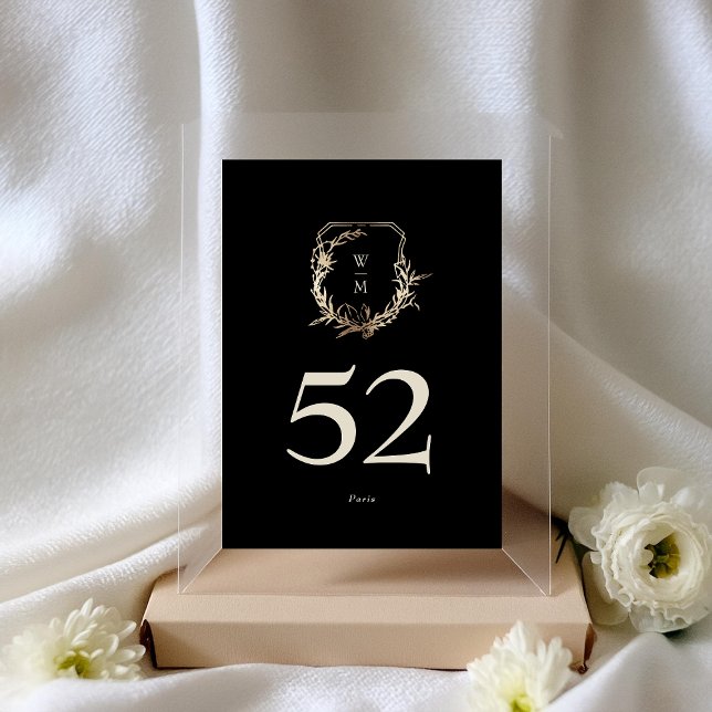 Numéro De Table Mariage de couronne d'or Monogramme noir et crème  (Créateur téléchargé)
