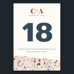 Numéro De Table Mariage de dalle Terrazzo double face<br><div class="desc">Un détail en pierre de terrazzo tendance et une typographie d'inspiration du milieu du siècle donnent à ce numéro de table mariage une ambiance chaleureuse et moderne dans une palette de couleurs inspirées du désert de rouille,  de rouille et de bleu ardoise,  le tout complété par un monogramme moderne.</div>