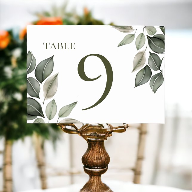 Numéro De Table Mariage de feuillage vert coupé (Muted Green Foliage Wedding Table Numbers from Ricaso)