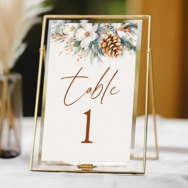 Numéro De Table Mariage de fleurs florales de pins d'hiver (Créateur téléchargé)