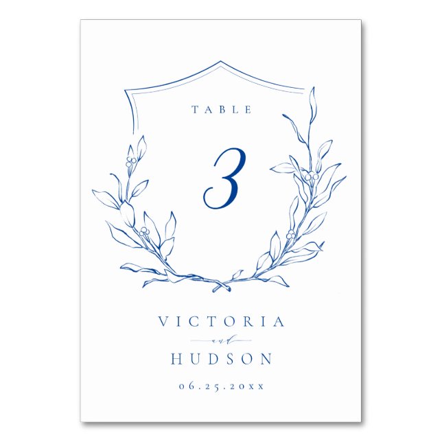 Numéro De Table Mariage de monogramme bleu simple de crête botaniq (Dos)