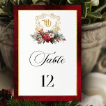 Numéro De Table Mariage de monogramme de crête florale de Noël cla<br><div class="desc">Le design du numéro de table mariage, à la fois élégant et intemporel, présente une crête florale en or dessinée à la main, agrémentée d'un spray coloré de fleurs de Noël rouges et blanches et de verdures. Ce modèle formel personnalisé comprend des champs de texte modifiables ainsi que des graphiques...</div>