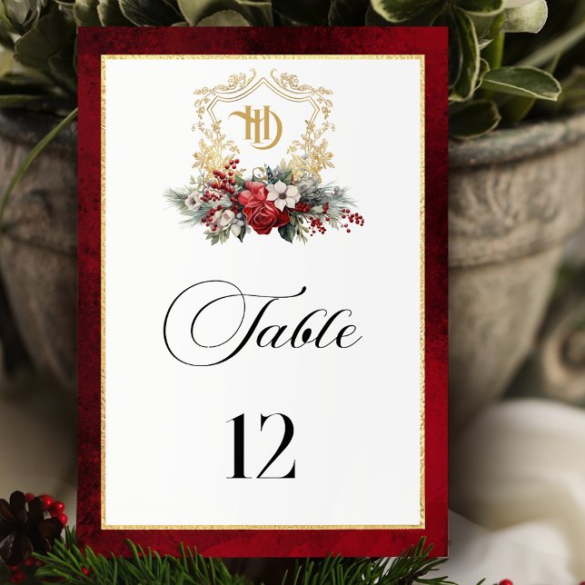 Numéro De Table Mariage de monogramme de crête florale de Noël cla (Créateur téléchargé)