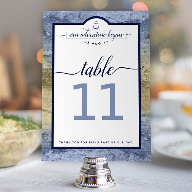 Numéro De Table Mariage de Nuit de la Marine Bleu Acier et Or (Steel Blue and Gold Nautical Wedding "Our Adventure Begins" Wedding Table Numbers)