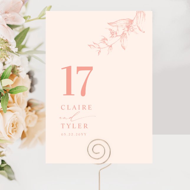 Numéro De Table Mariage de pêche botanique chic et minimal (Créateur téléchargé)