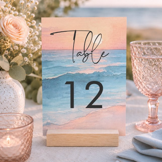 Numéro De Table Mariage de plage à l'aquarelle au coucher du solei (Modern Ocean Sunset Watercolor Beach Wedding Table Number Card)