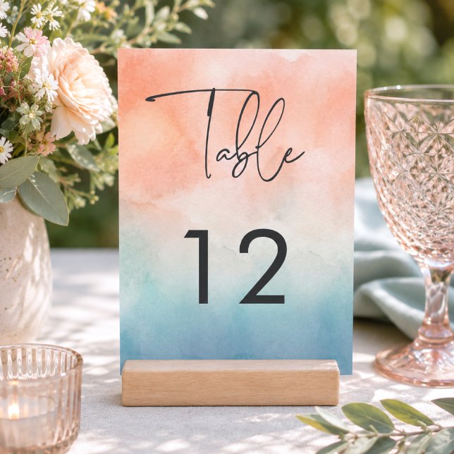 Numéro De Table Mariage de plage à l'aquarelle au coucher du solei (Modern Ocean Sunset Beach Wedding Table Number Card)
