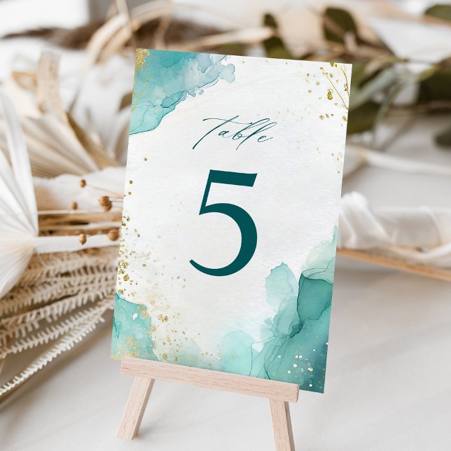 Numéro De Table Mariage de plage abstrait sarcelle et or moderne (Créateur téléchargé)