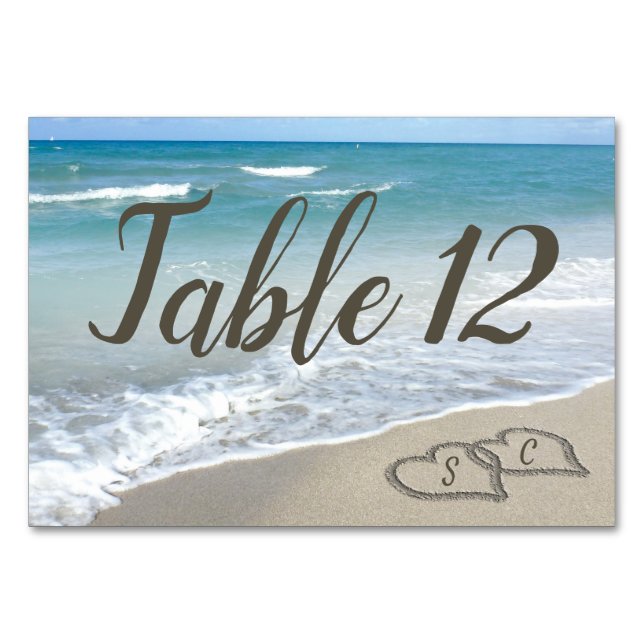 Numéro De Table Mariage de plage Coeurs Monogrammes dans le sable (Devant)