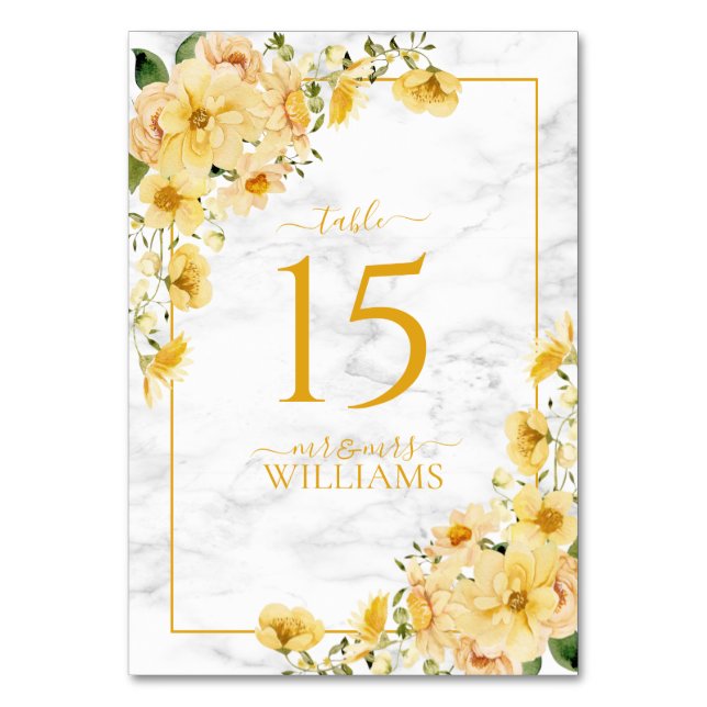 Numéro De Table Mariage de réception en marbre floral jaune rustiq (Par défaut)