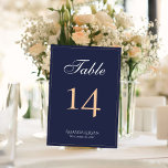 Numéro De Table Mariage de script bleu marine moderne élégant<br><div class="desc">Numéro de tableau du Mariage de script bleu marine élégant moderne. La carte est moderne et élégante en bleu foncé avec une fine bordure et un script en blanc et couleur pêche. Customisez chaque carte séparément pour chaque numéro de table et mettez-la séparément dans votre panier. Personnalisez tout le texte...</div>