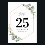 Numéro De Table Mariage de script d'eucalyptus aquarelle<br><div class="desc">aquarelle feuillage eucalyptus,  élégant script noir et un cadre géométrique.</div>
