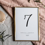 Numéro De Table Mariage de script minimaliste en noir et blanc<br><div class="desc">Un design à deux côtés a un script minimaliste unique de calligraphie noir et blanc avec un accent de feuille botanique. Ajoutez facilement le numéro,  le nom et la date à autant de cartes de table que vous le souhaitez. Assurez-vous d'ajouter chaque carte à votre panier avant d'acheter.</div>
