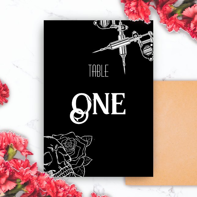 Numéro De Table Mariage de tatouage de crâne noir et blanc (Black and White Skull Tattoo Wedding Table Number)