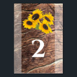 Numéro De Table Mariage de tournesol rustique<br><div class="desc">Ce design présente des tournesols rustiques sur fond de bois. Les tons jaunes, verts et marron créent une atmosphère rustique de jardin de campagne naturel. La bordure opaque met en évidence le centre du tournesol. L'inverse affiche la même conception. Design élégant de carte de numéro de table de mariage avec...</div>