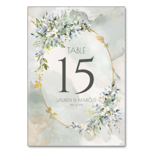 Numéro De Table Mariage de trame d'or floral vert Watercolor