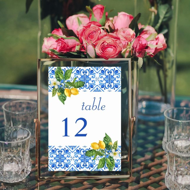 Numéro De Table Mariage de tuiles et citrons bleu méditerranéen (Créateur téléchargé)