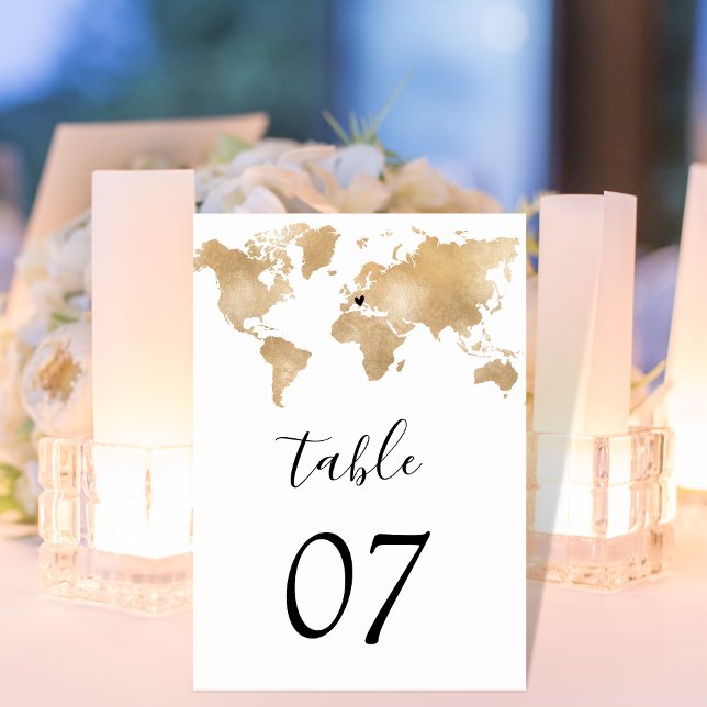Numéro De Table Mariage Destination World Map Gold Removable Heart (Créateur téléchargé)