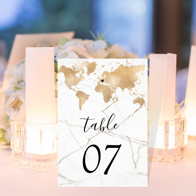Numéro De Table Mariage Destination World Map Gold Removable Heart (Créateur téléchargé)