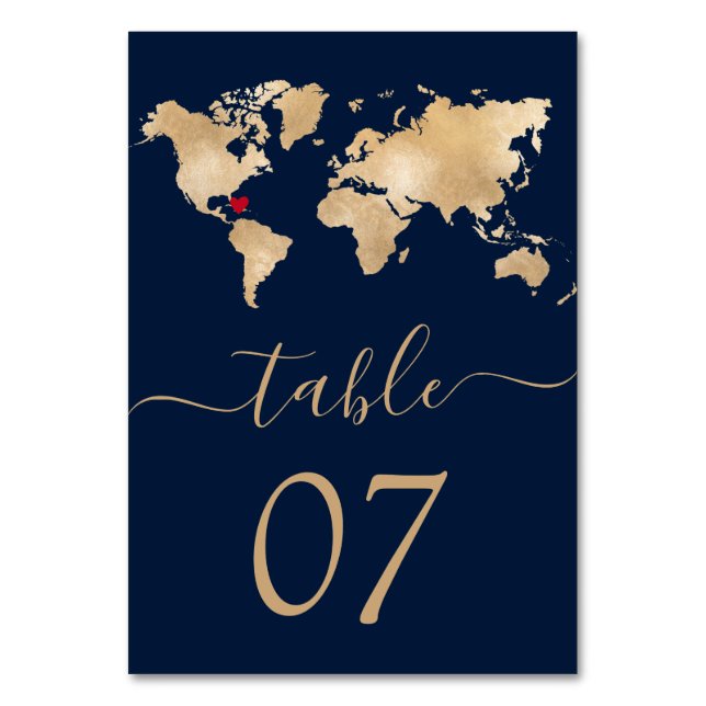 Numéro De Table Mariage Destination World Map Heart Navy (Dos)