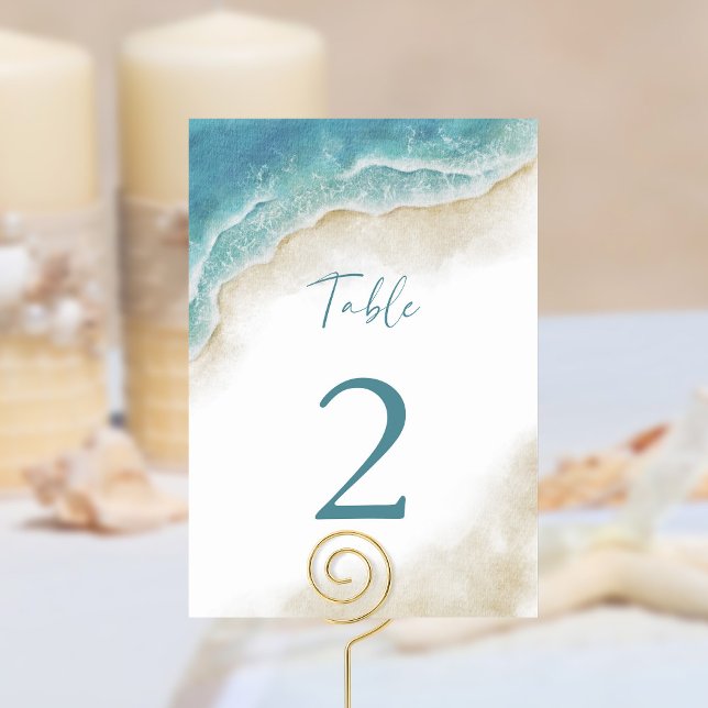 Numéro De Table Mariage d'été à l'océan sur la plage à l'aquarelle (Créateur téléchargé)