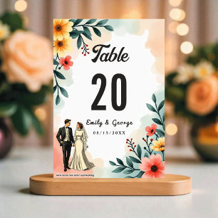 Numéro De Table Mariage d'été floral aquarelle couple romantique