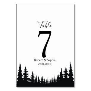 Numéro De Table Mariage d'hiver aux pins noirs et blancs