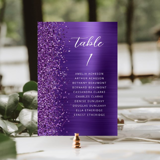Numéro De Table Mariage écriture métallique paillettes violet glam (Créateur téléchargé)