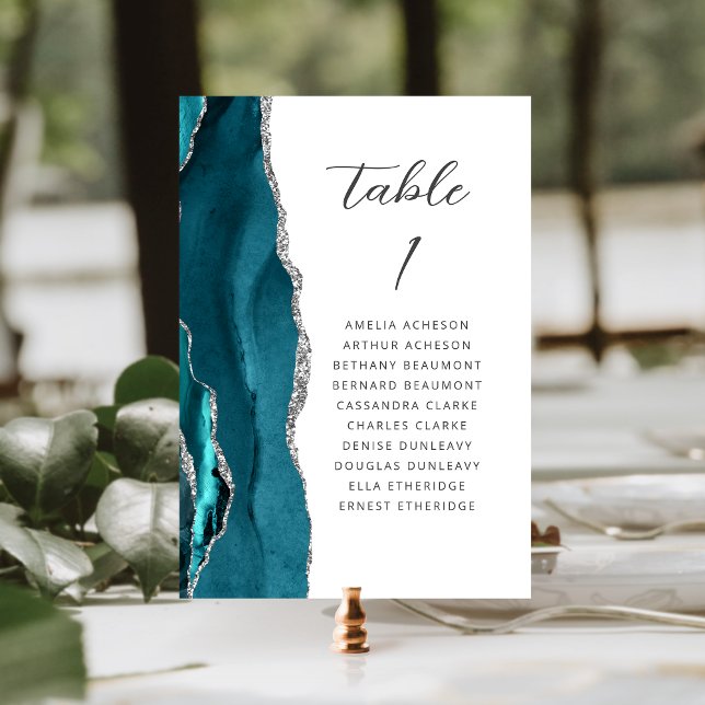 Numéro De Table Mariage écriture moderne bleu sarcelle argenté Aga (Créateur téléchargé)