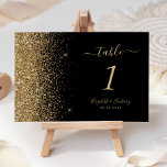 Numéro De Table Mariage Edge Parties scintillant Black Gold modern<br><div class="desc">Le bord gauche de ce numéro de table mariage moderne et élégant présente un style de parties scintillant en faux or. Le texte personnalisable combine écriture manuscrite couleur or pâle,  cuivre et polices italiques sur un arrière - plan noir.</div>