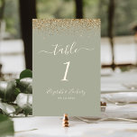 Numéro De Table Mariage Edge Parties scintillant or Sage Green<br><div class="desc">Le bord supérieur de ce numéro de table mariage moderne élégant présente une conception de parties scintillant en faux or. Le texte personnalisable combine écriture ivoirienne,  copperplate et polices italiques sur un arrière - plan vert sage.</div>