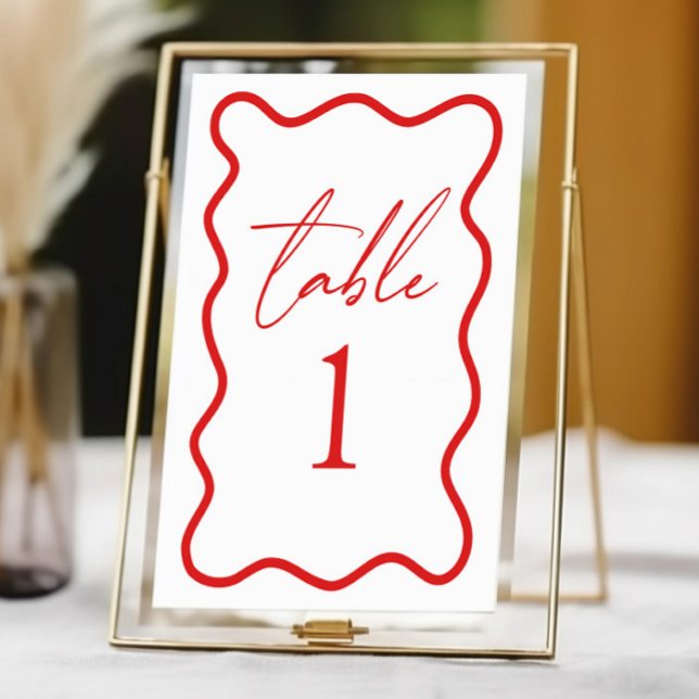 Numéro De Table Mariage Élégant à Bordure Ondulée Rouge Blanc (Créateur téléchargé)