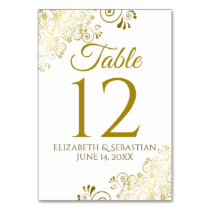 Numéro De Table Mariage élégant à filigrane doré et blanc