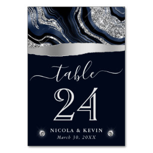 Numéro De Table Mariage élégant à l'agate avec feuille de bleu et 