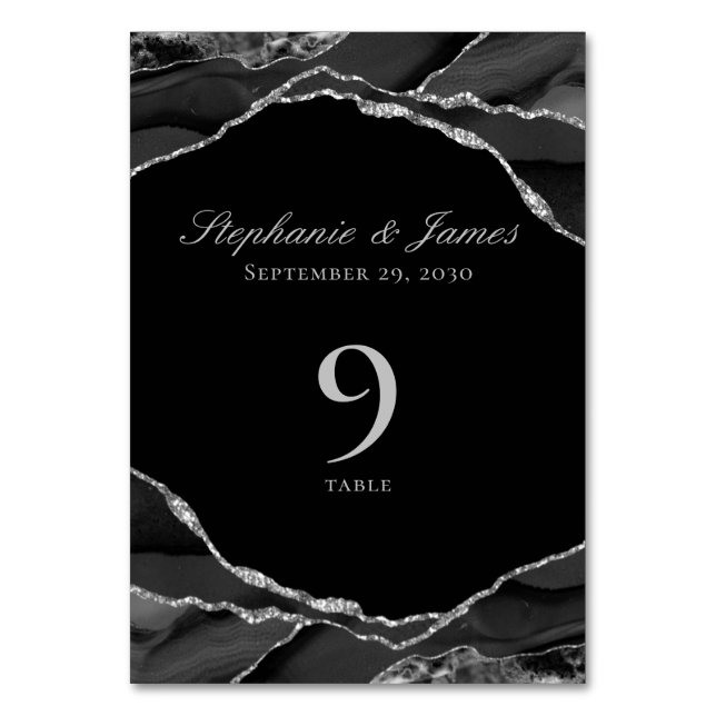 Numéro De Table Mariage élégant à l'agate noire et argentée (Par défaut)