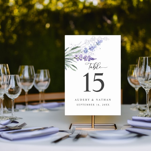 Numéro De Table Mariage Élégant à l'Aquarelle aux Fleurs de Lavand (Elegant Lavender Floral Watercolor Wedding Table Number)