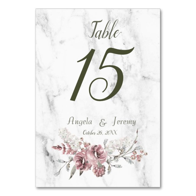 Numéro De Table Mariage élégant à l'aquarelle avec fleurs et marbr (Dos)