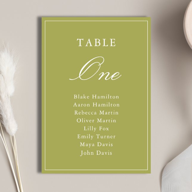 Numéro De Table Mariage élégant à l'écriture verte olive (Elegant olive green table numbers bring timeless charm and easy seating guidance.)
