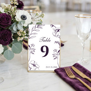Numéro De Table Mariage Élégant Art Linéaire Fleur Pourpre Prune