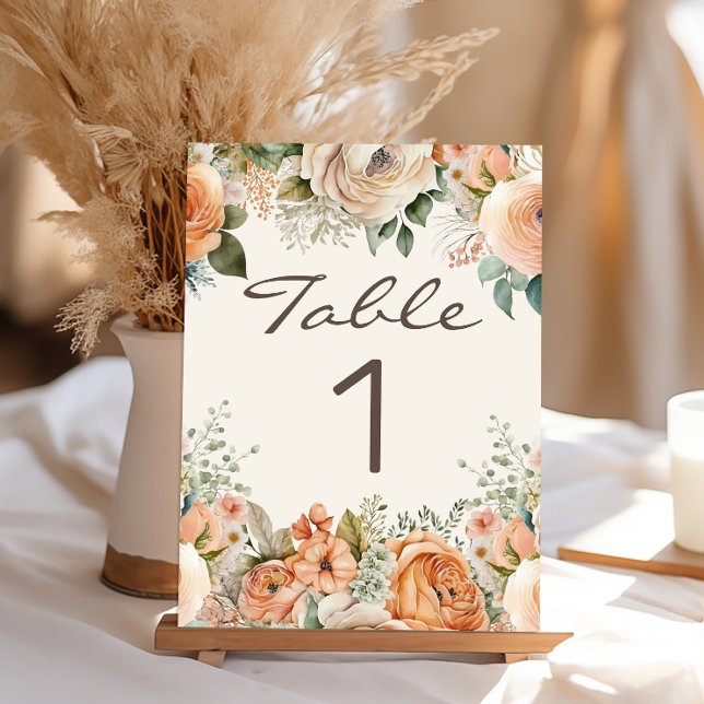 Numéro De Table Mariage Élégant aux Fleurs de Pêcher Blanches et à (Elegant peach and cream-colored watercolor floral wedding table number)