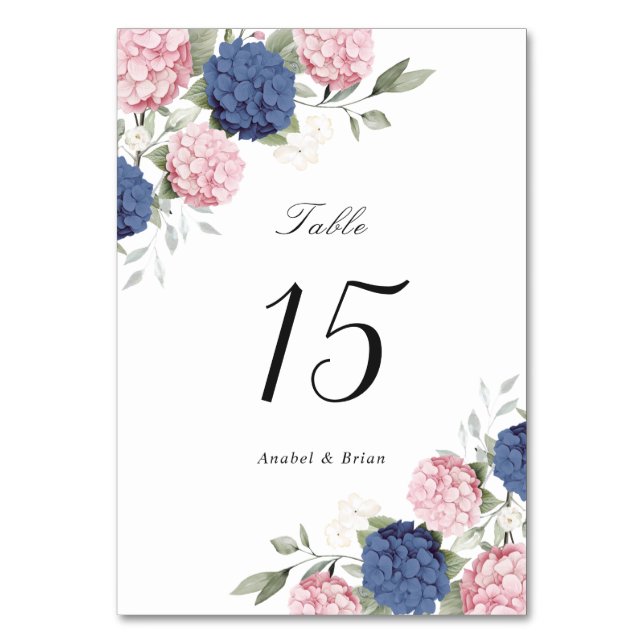 Numéro De Table Mariage Élégant aux Hydrangeas Rose et Bleu Marine (Par défaut)