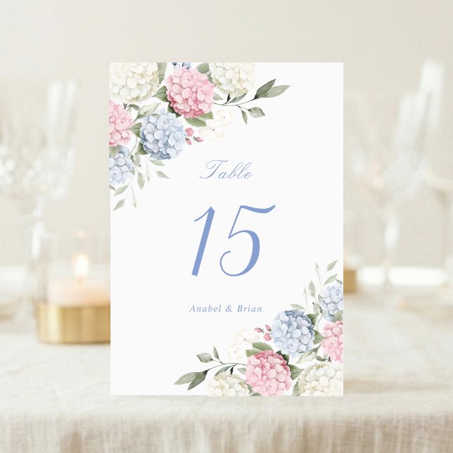 Numéro De Table Mariage Élégant aux Hydrangeas Rose et Bleu Poussi (Créateur téléchargé)