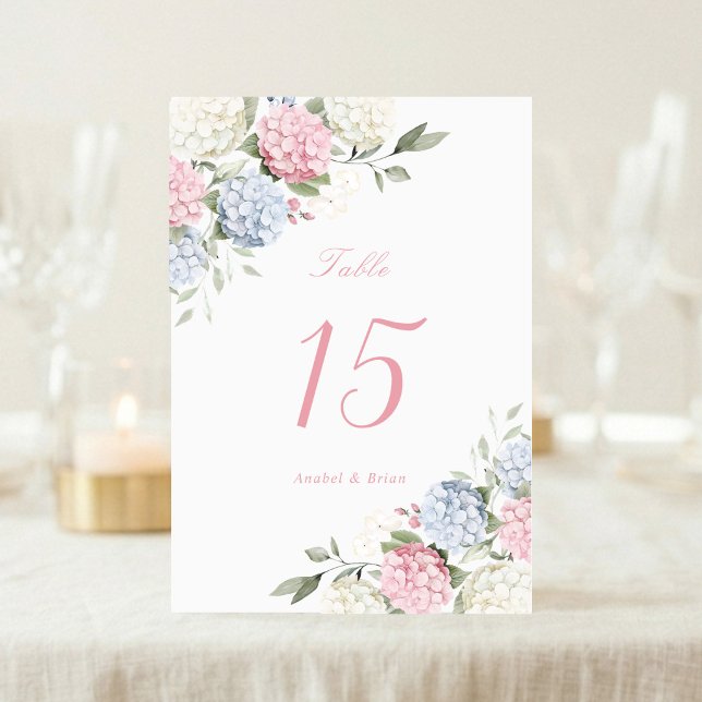 Numéro De Table Mariage Élégant aux Hydrangeas Rose et Bleu Poussi (Créateur téléchargé)