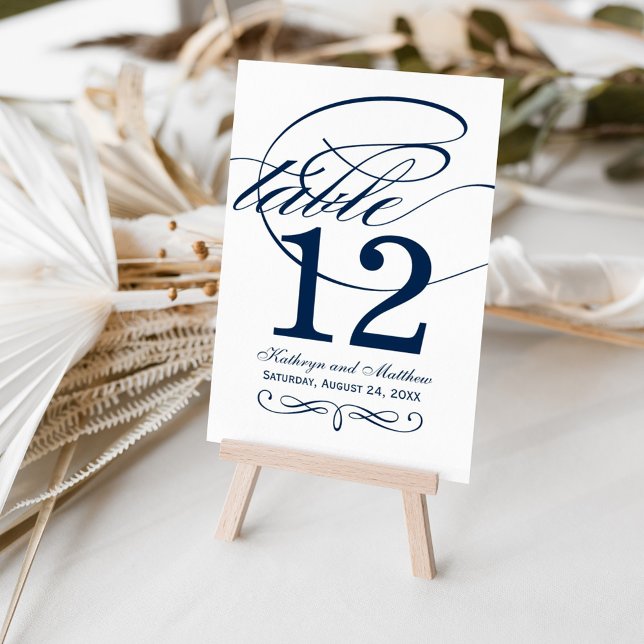Numéro De Table Mariage élégant avec calligraphie bleu marine (Créateur téléchargé)